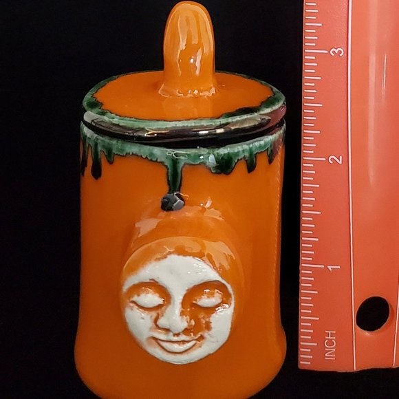 Handmade Small Ceramic Moon Face Stash Jar, Tigerlily Orange - Picture 9 of 9